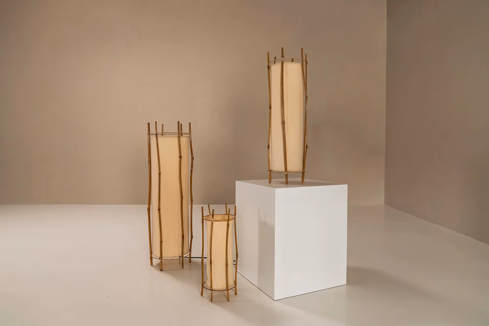 Set Of Three Bamboo Lamps By Louis Sognot, France 1960s