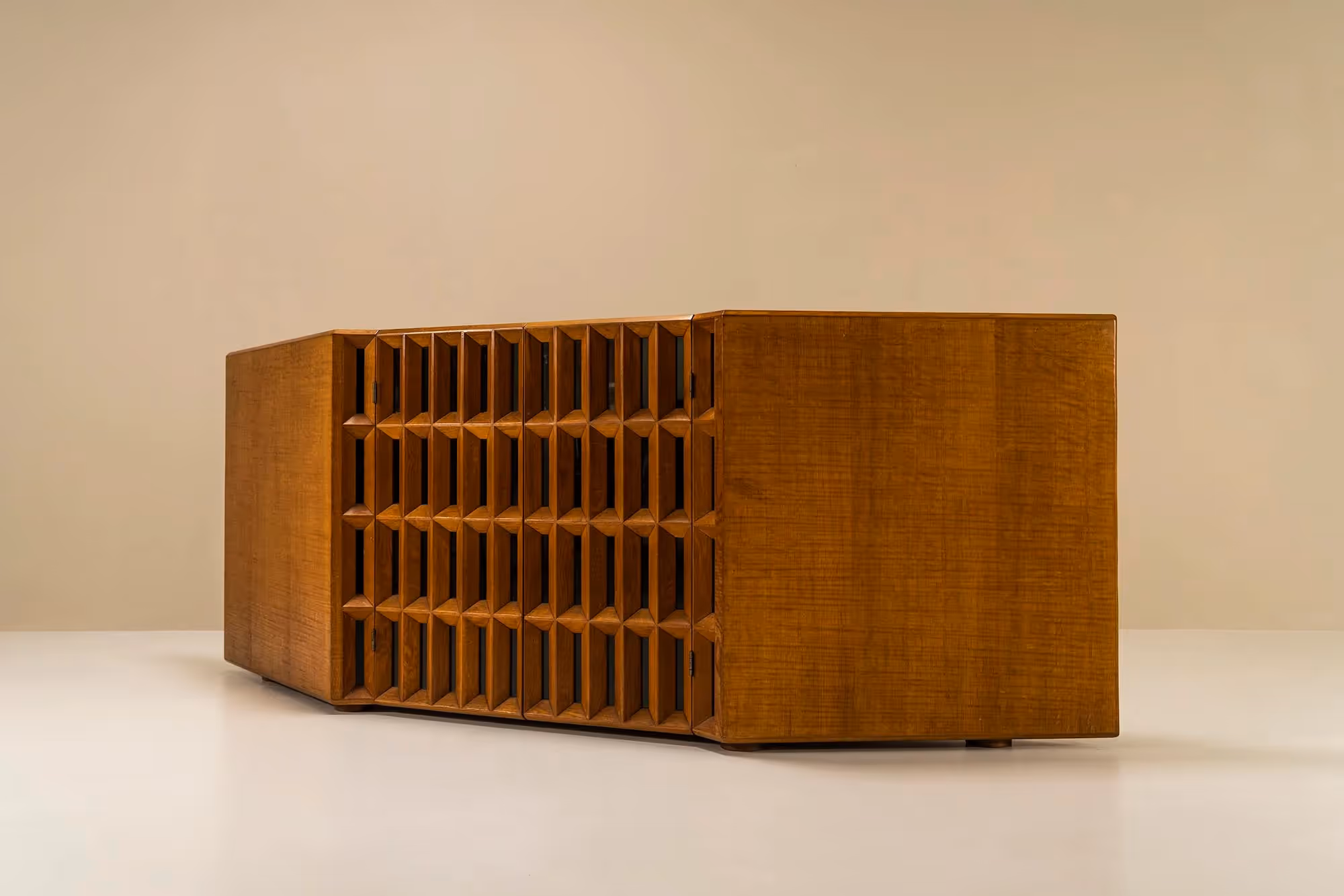 Giuseppe Rivadossi Unique Trapezium Shaped Sideboard In Slavonian oak, Italy 1980s
