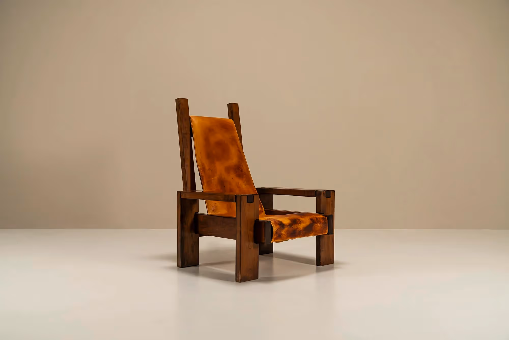 Lounge Chair In Elm And Cognac Leather In The Manner Of Pierre Chapo,  France 1970s