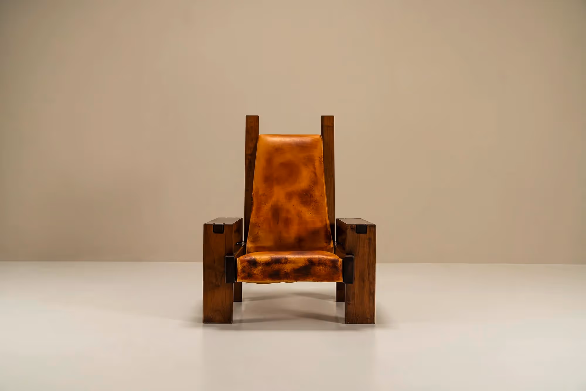 Lounge Chair In Elm and Leather In The Manner Of Pierre Chapo,  France 1970s