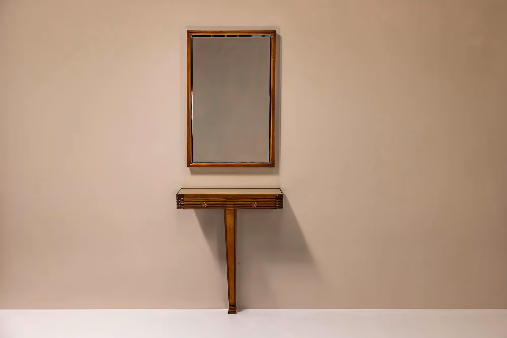 Vanity Console and Mirror in Walnut and Glass in the Style of Paolo Buffa, Italy 1950s