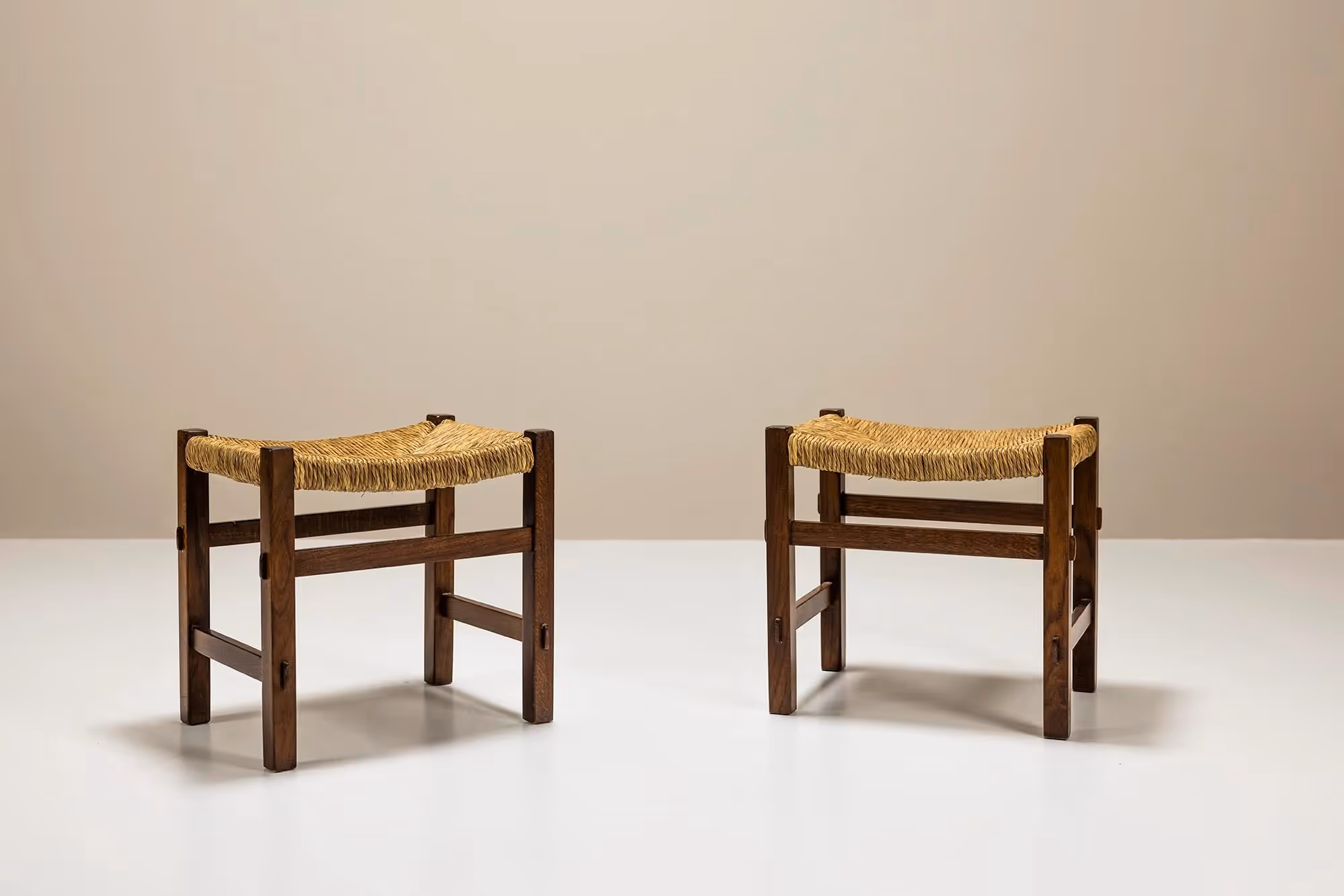 Set Of Two Stools In Slavonian Oak And Raffia By Officina Rivadossi, Italy 1970's