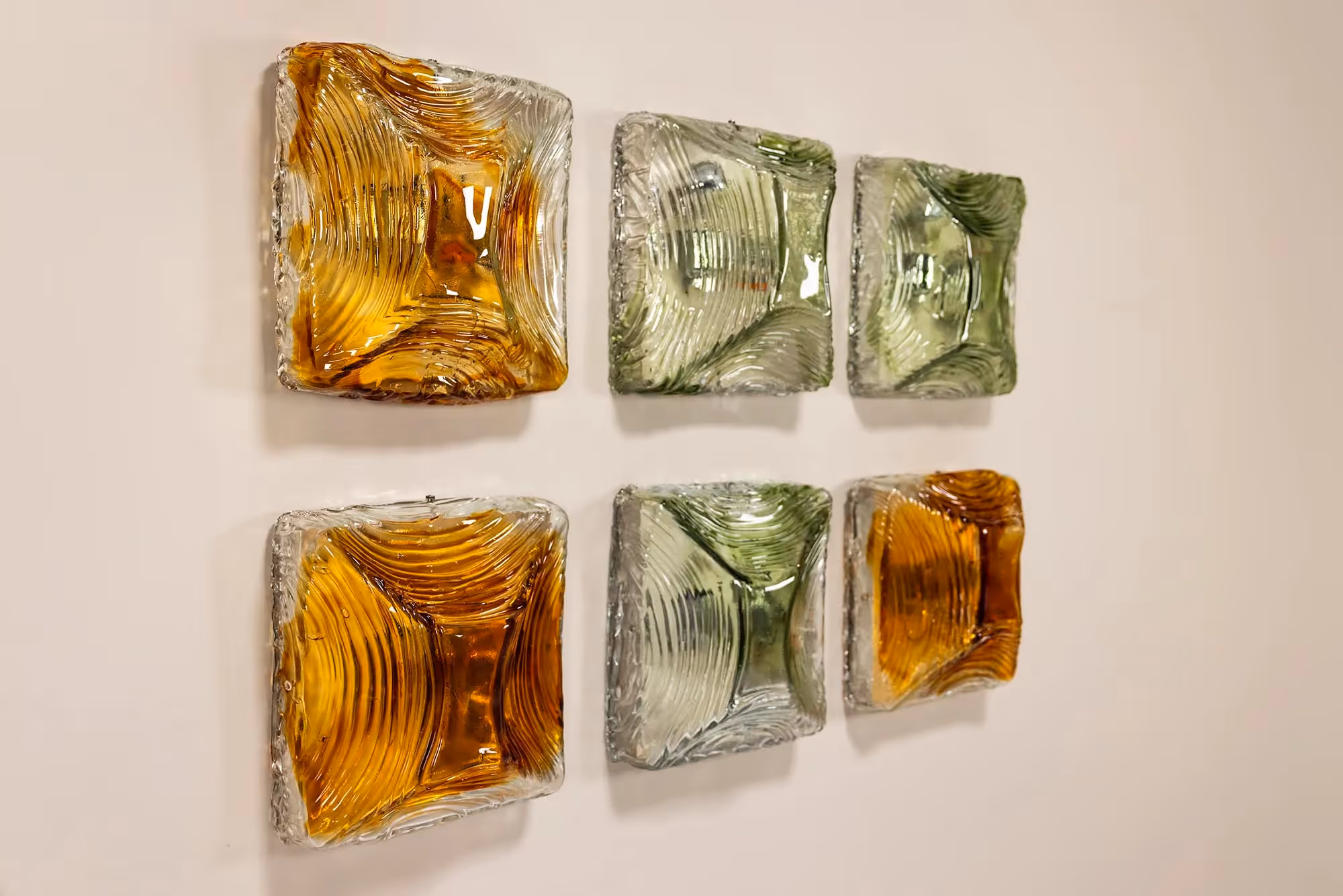 Six Square Amber and Green Murano Glass Wall Sconces, Italy 1970s