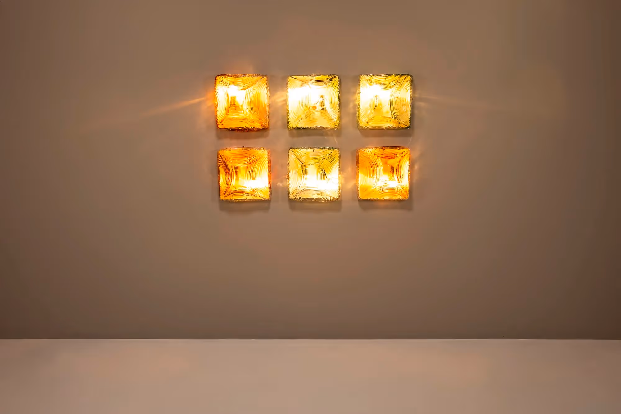 Six Square Amber and Green Murano Glass Wall Sconces, Italy 1970s