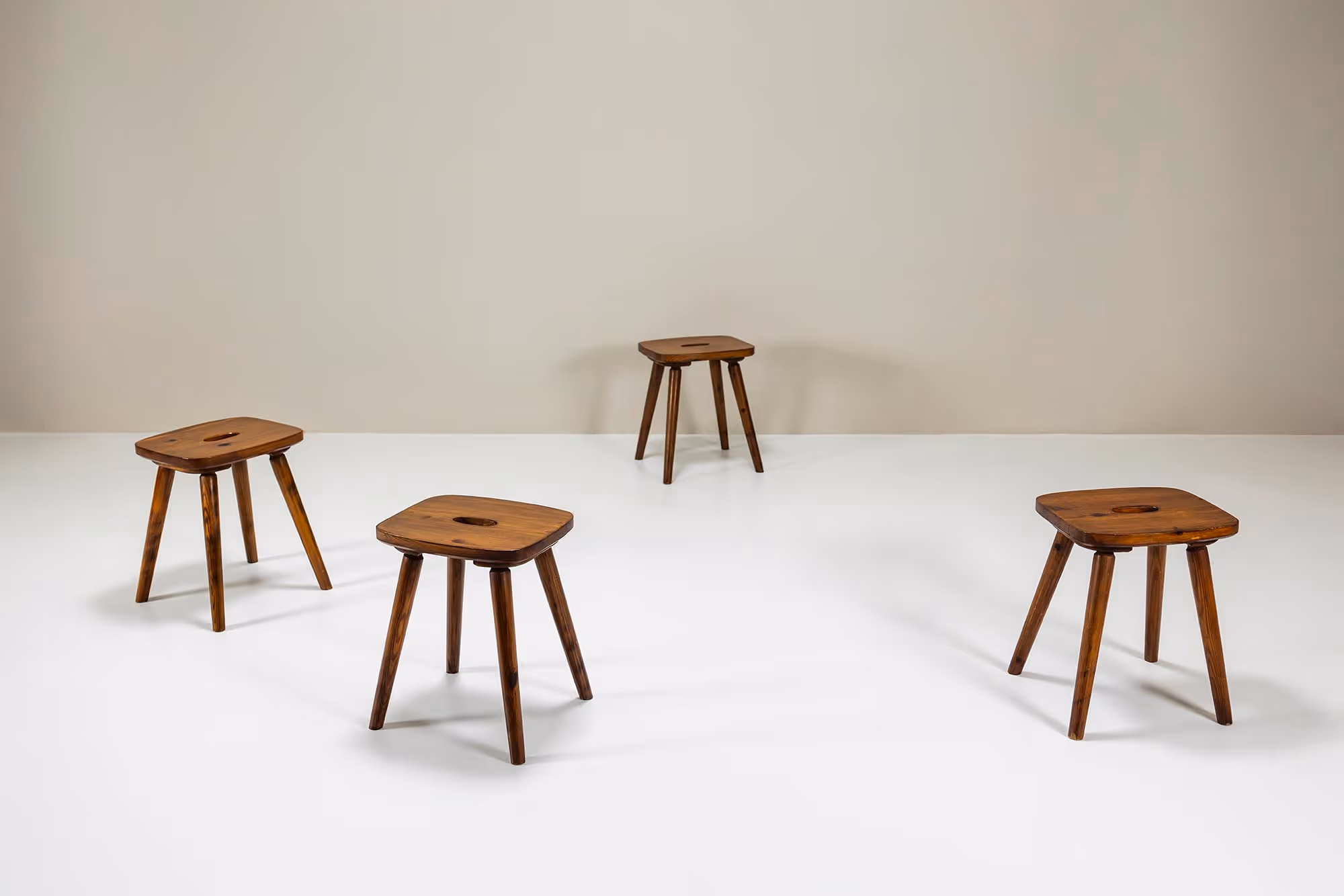set of four vintage pine wooden stools