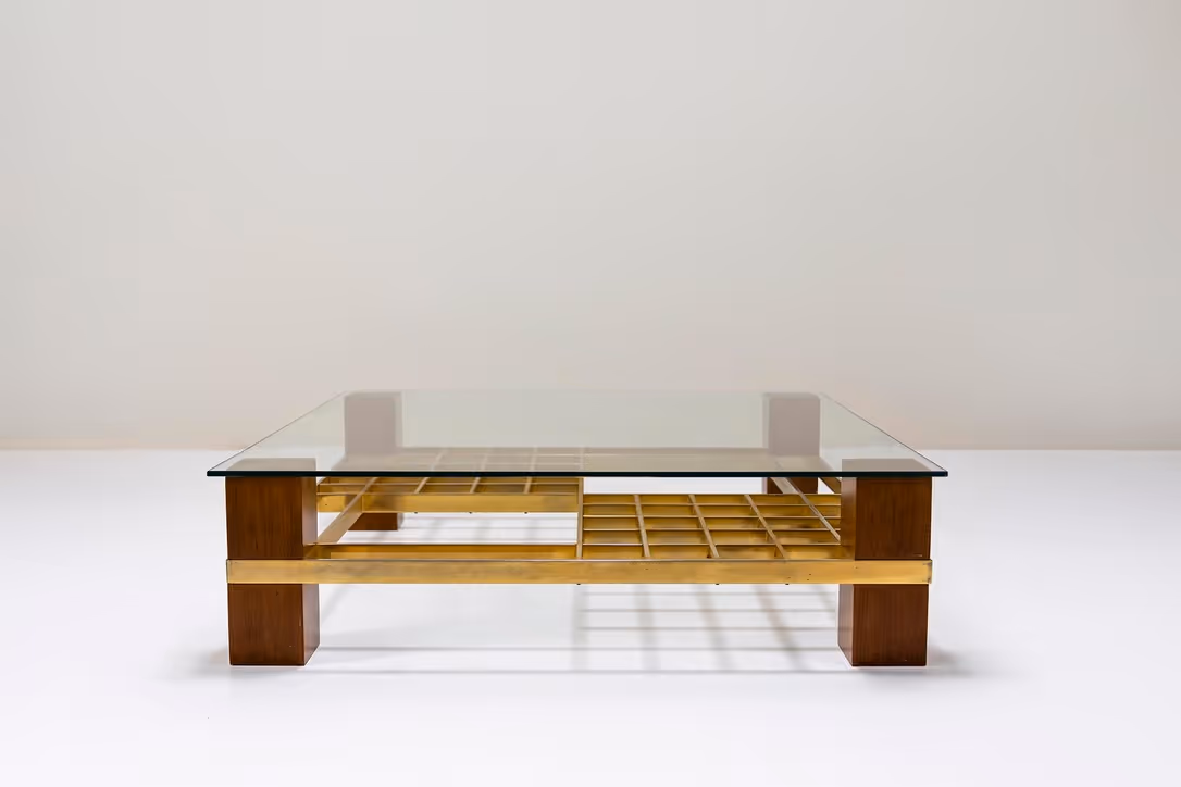 coffee table brass, wood and glass italian vintage