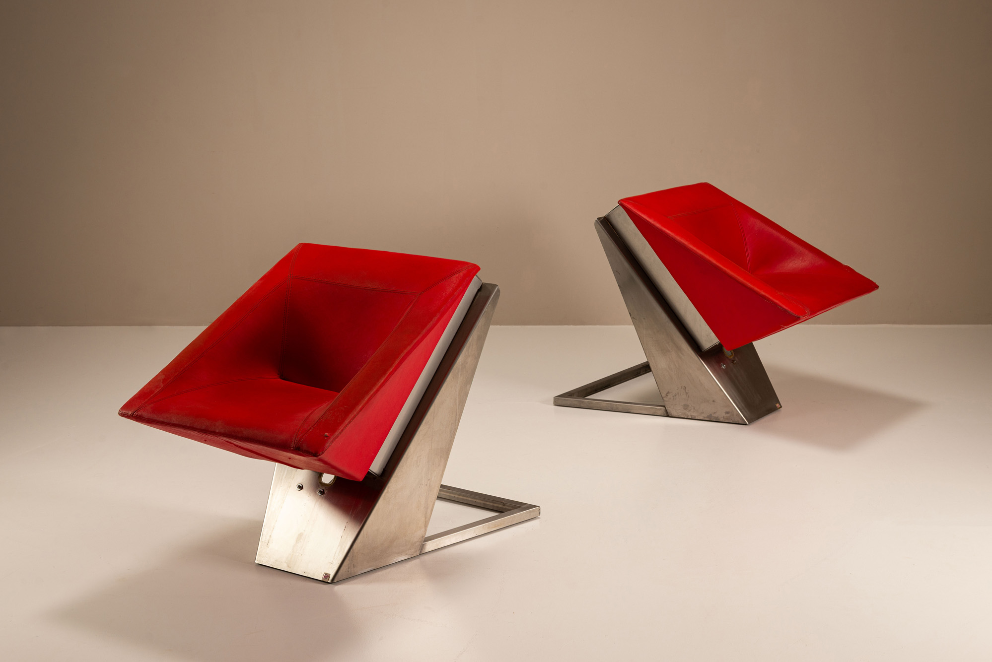italian vintage red leather chairs postmodern steel 