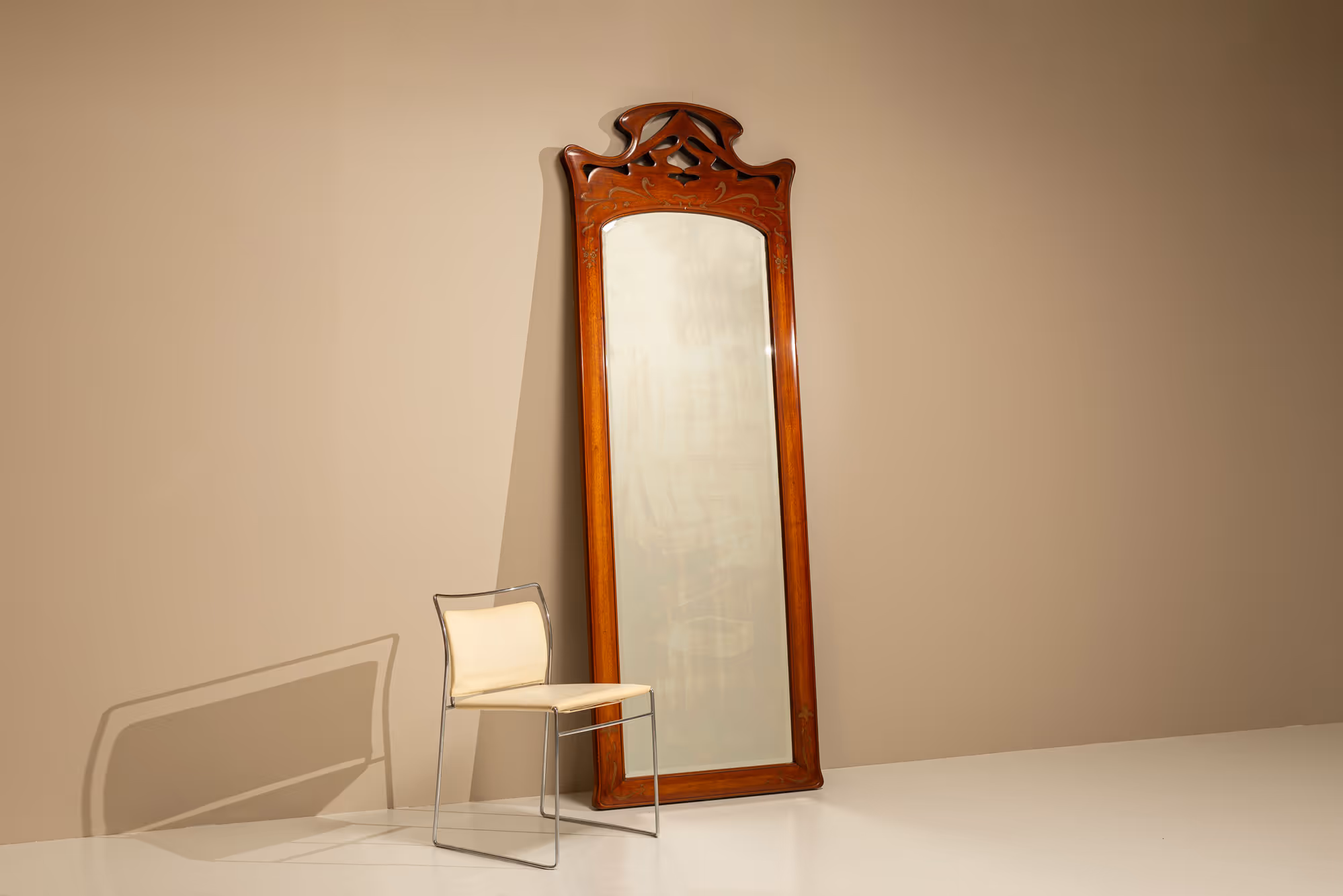 Large Art Nouveau Standing Mirror in Walnut