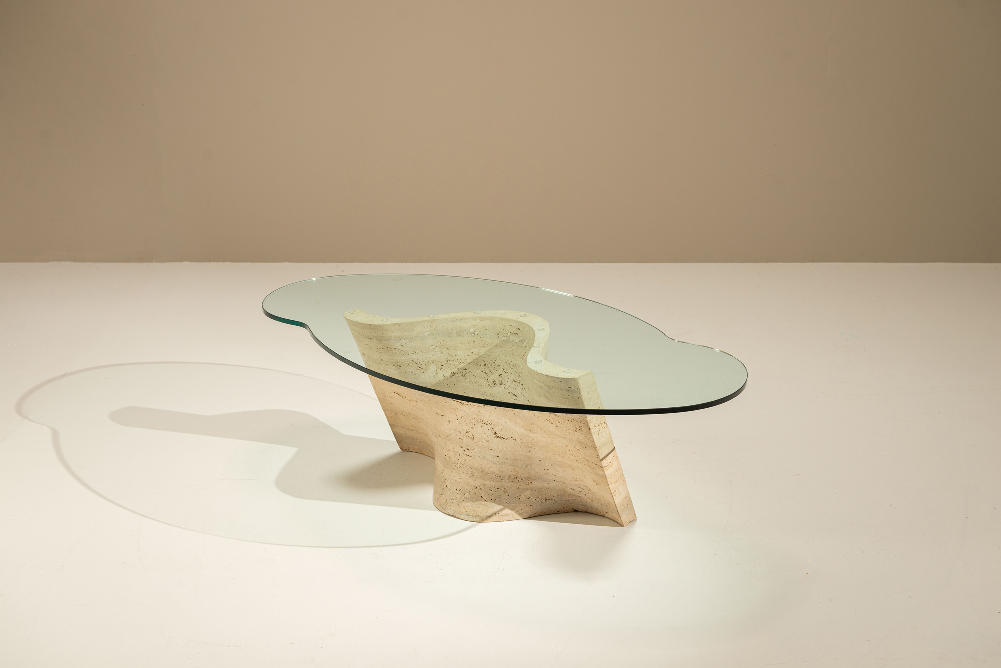 Sculptural Vintage Travertine Coffee Table with Glass Top, Italy 1970s