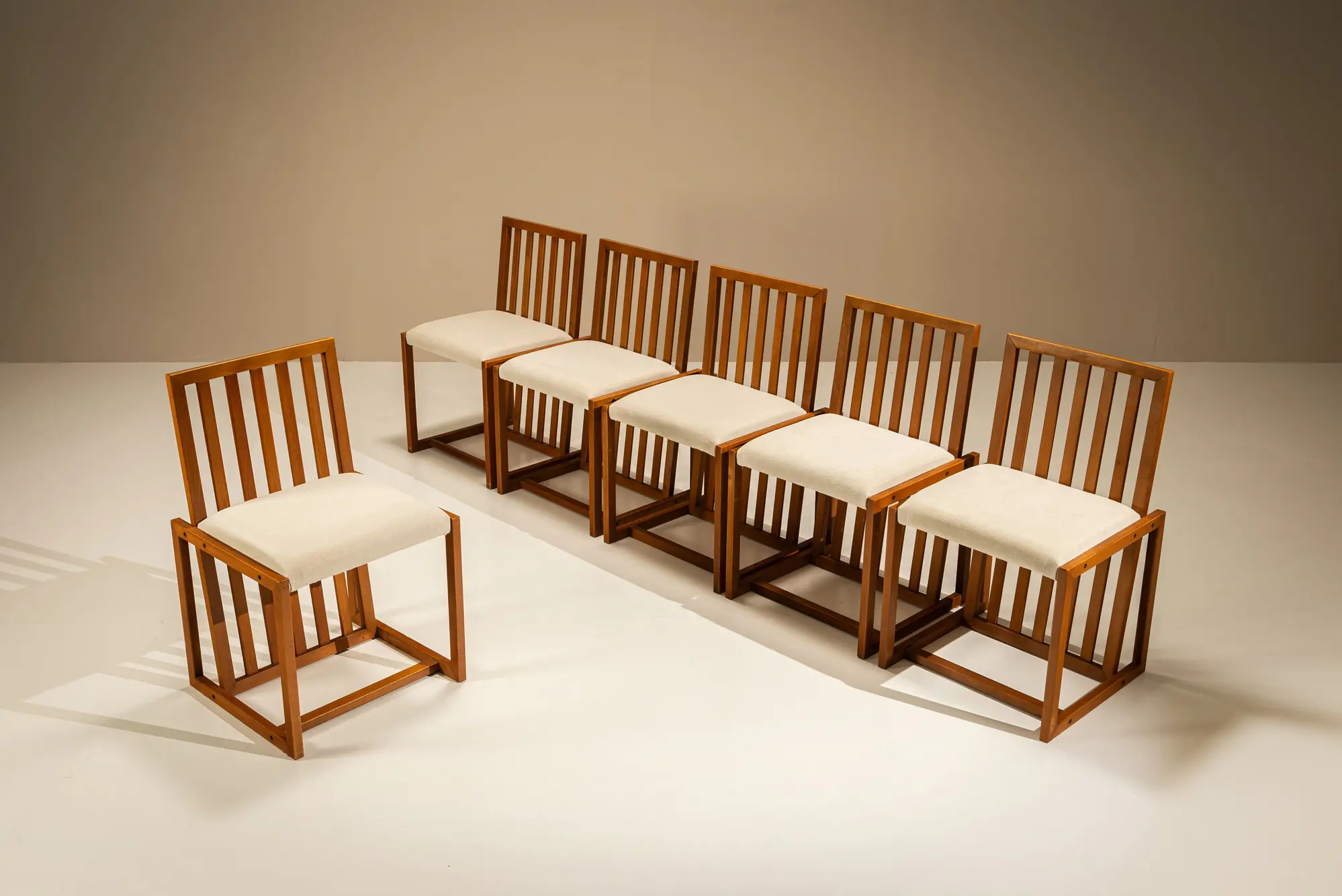 Set of Six Architectural Cherrywood Dining Chairs, Italy 1970's
