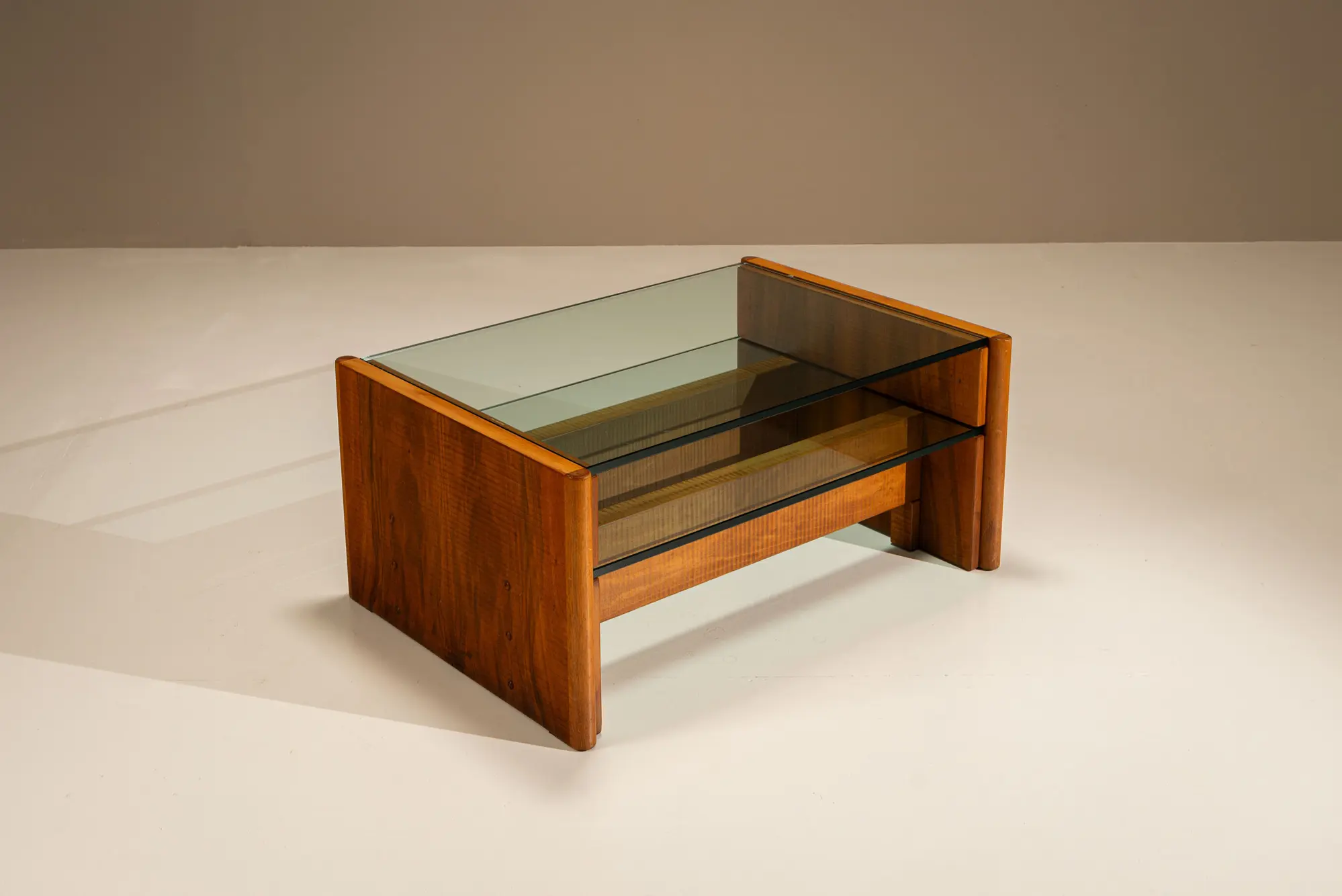 Officina Rivadossi Coffee Table in Solid Walnut and Glass, Italy 1970's