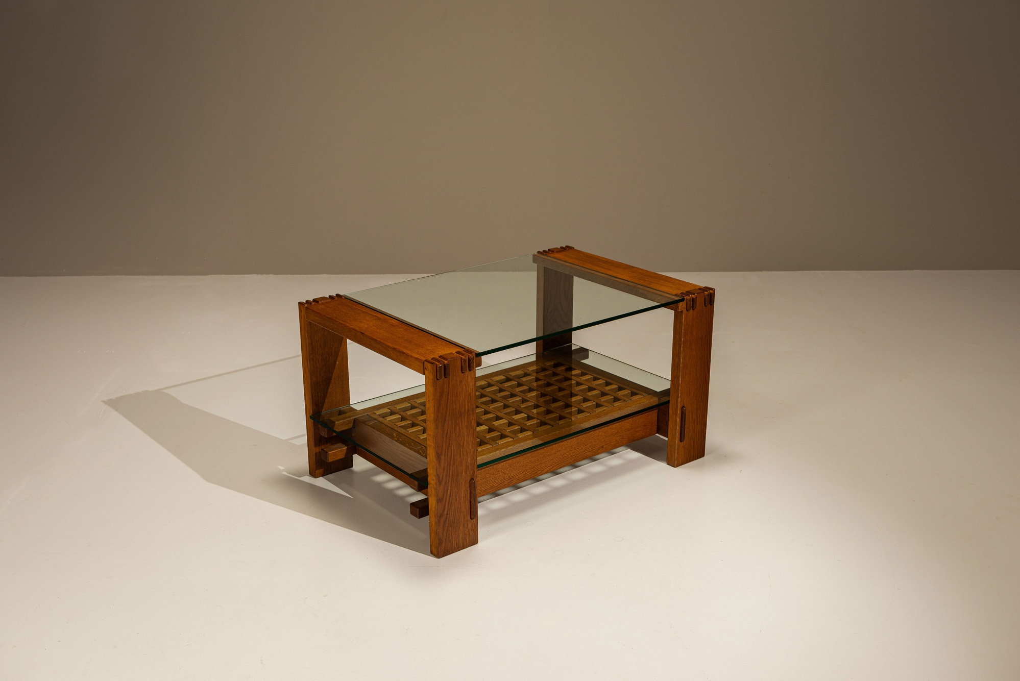 Giuseppe Rivadossi Sculptural Coffee Table in Slavonian Oak and Glass, Italy 1970's