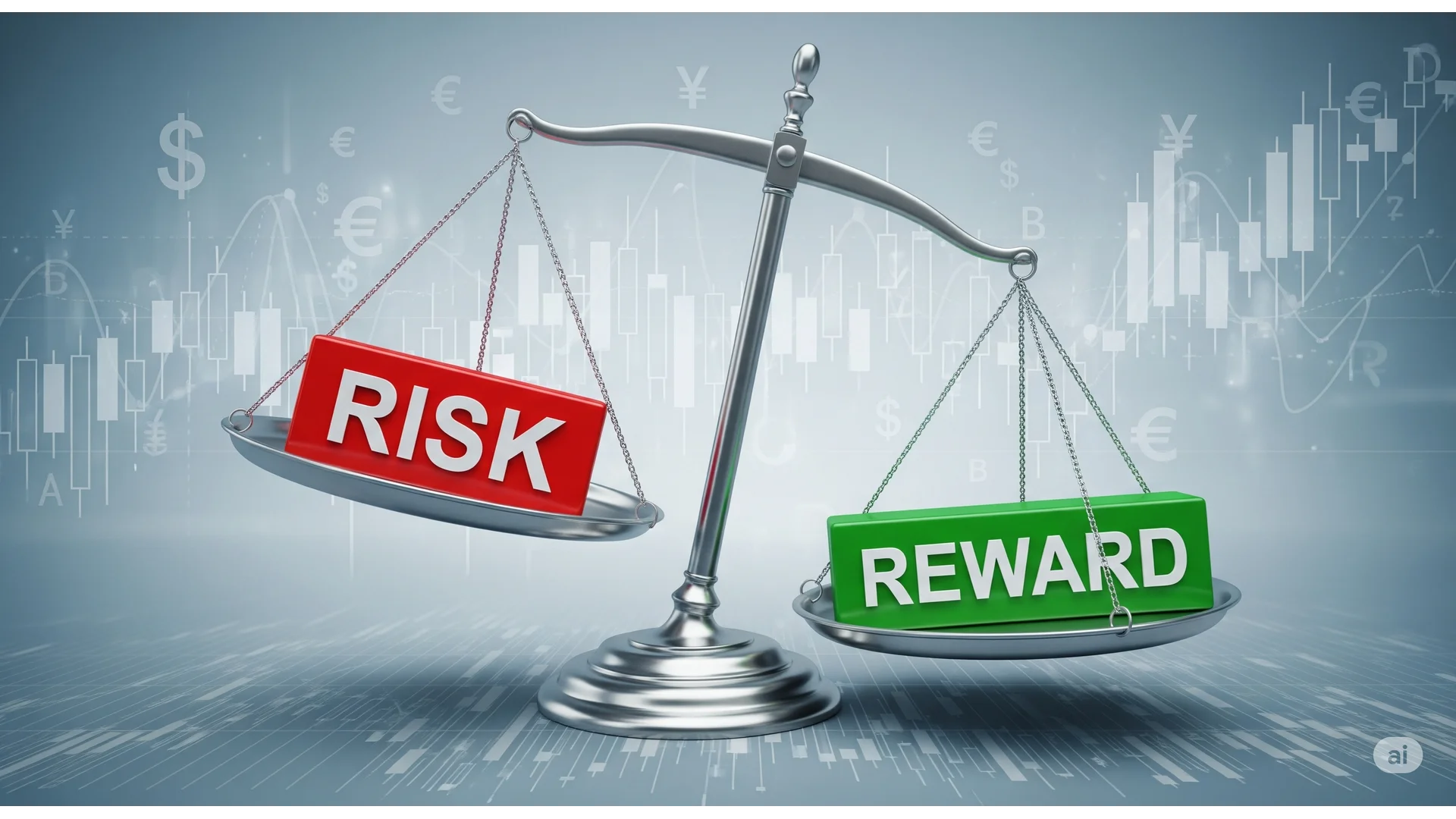 Forex risk-reward ratio balance scale with larger reward outweighing smaller risk