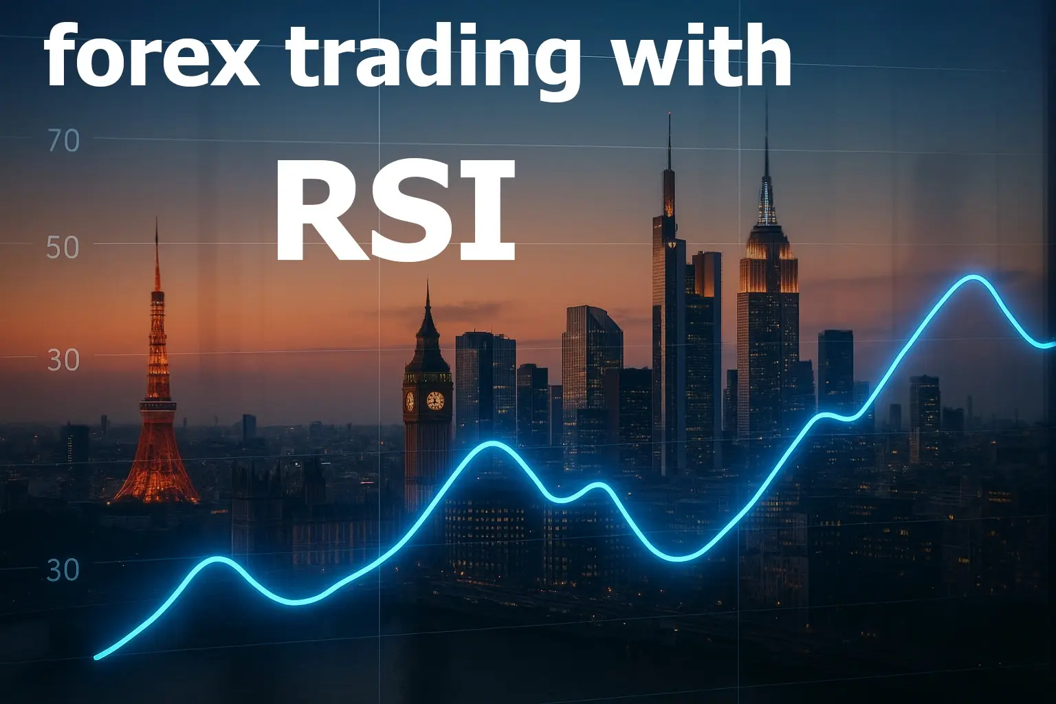 financial skylines with a glowing RSI line reflecting Forex market momentum