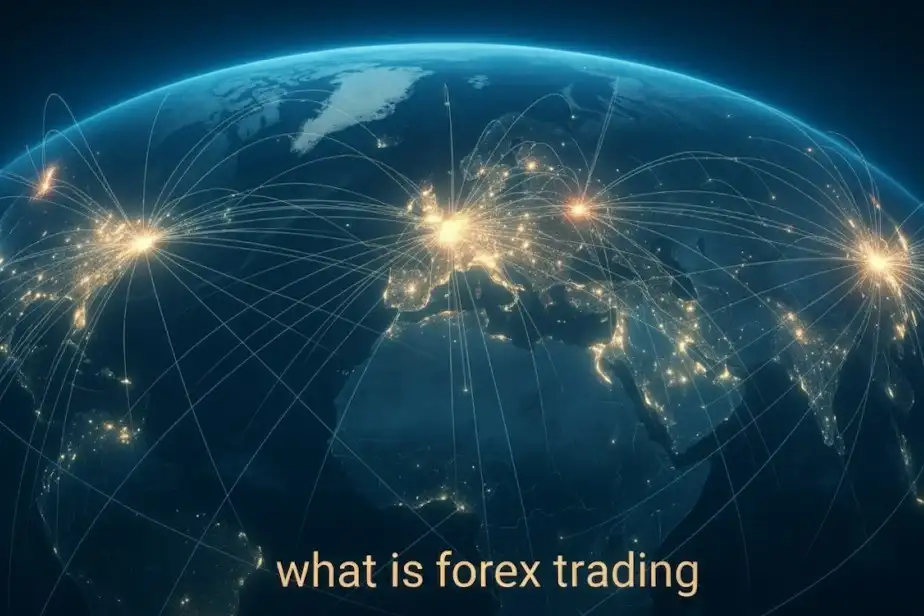 Satellite view of Earth showing global forex trading connectivity, highlighting major financial centers like New York, London, and Tokyo
