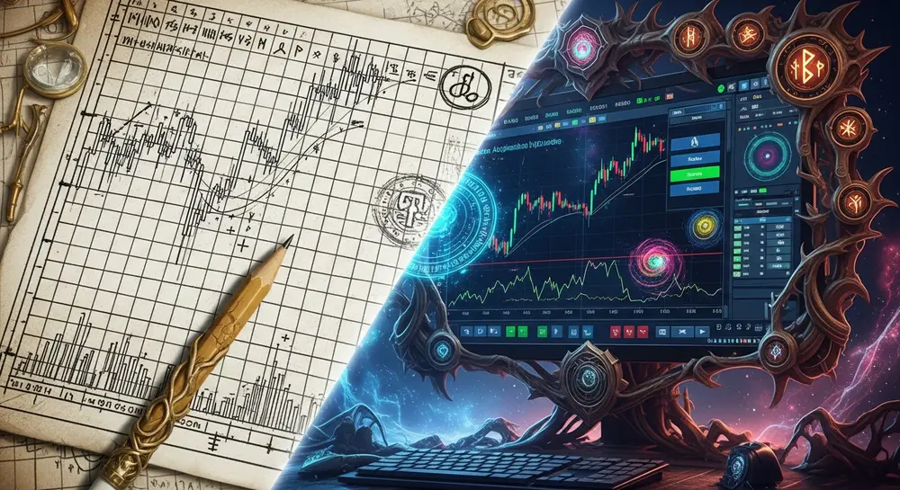 Split-screen futuristic illustration of manual forex backtesting versus automated backtesting software