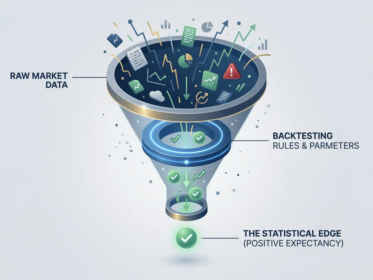 Infographic illustrating raw market data filtered through backtesting to find a statistical edge