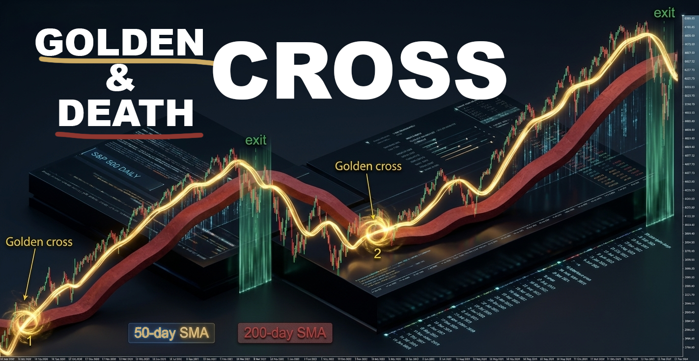 3D rendering of a stylized stock index chart featuring two golden cross patterns