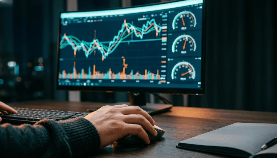 A trader’s monitor showing a dark-mode forex volatility chart with an ATR-style histogram and three radial risk gauges.