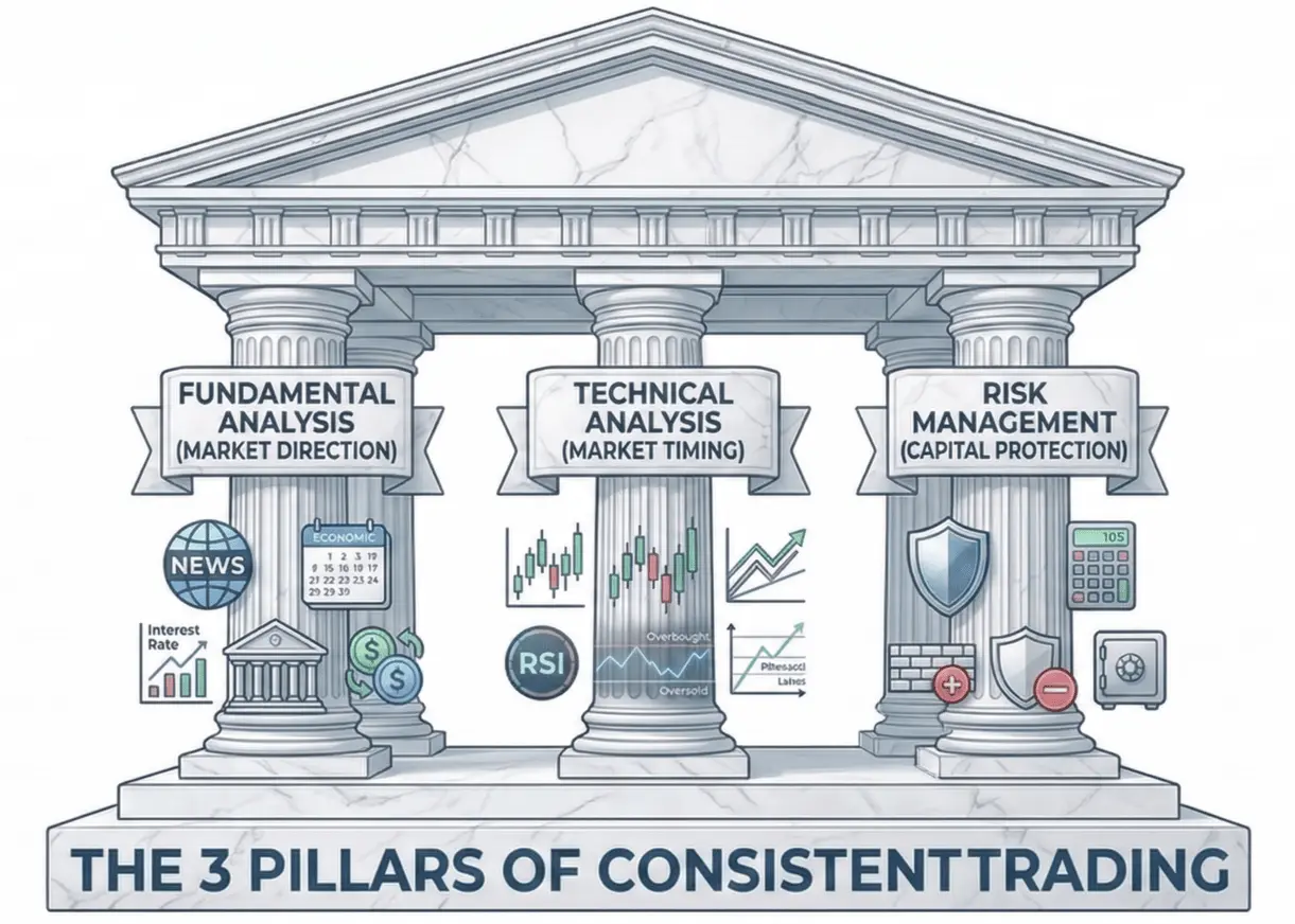 Diagram of the three pillars of consistent forex trading: Fundamental Analysis, Technical Analysis, and Risk Management