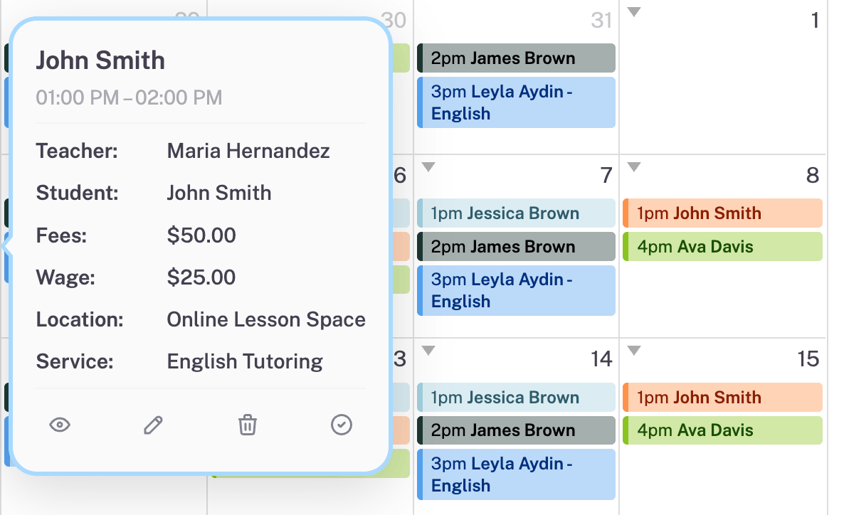 Tutor management software screenshot - lesson details