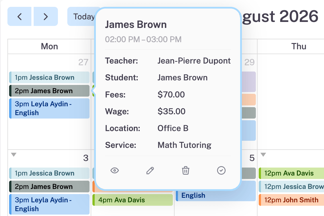 Main calendar popup when clicking a lesson. View, Edit, Delete, Complete, Remind and Copy options.