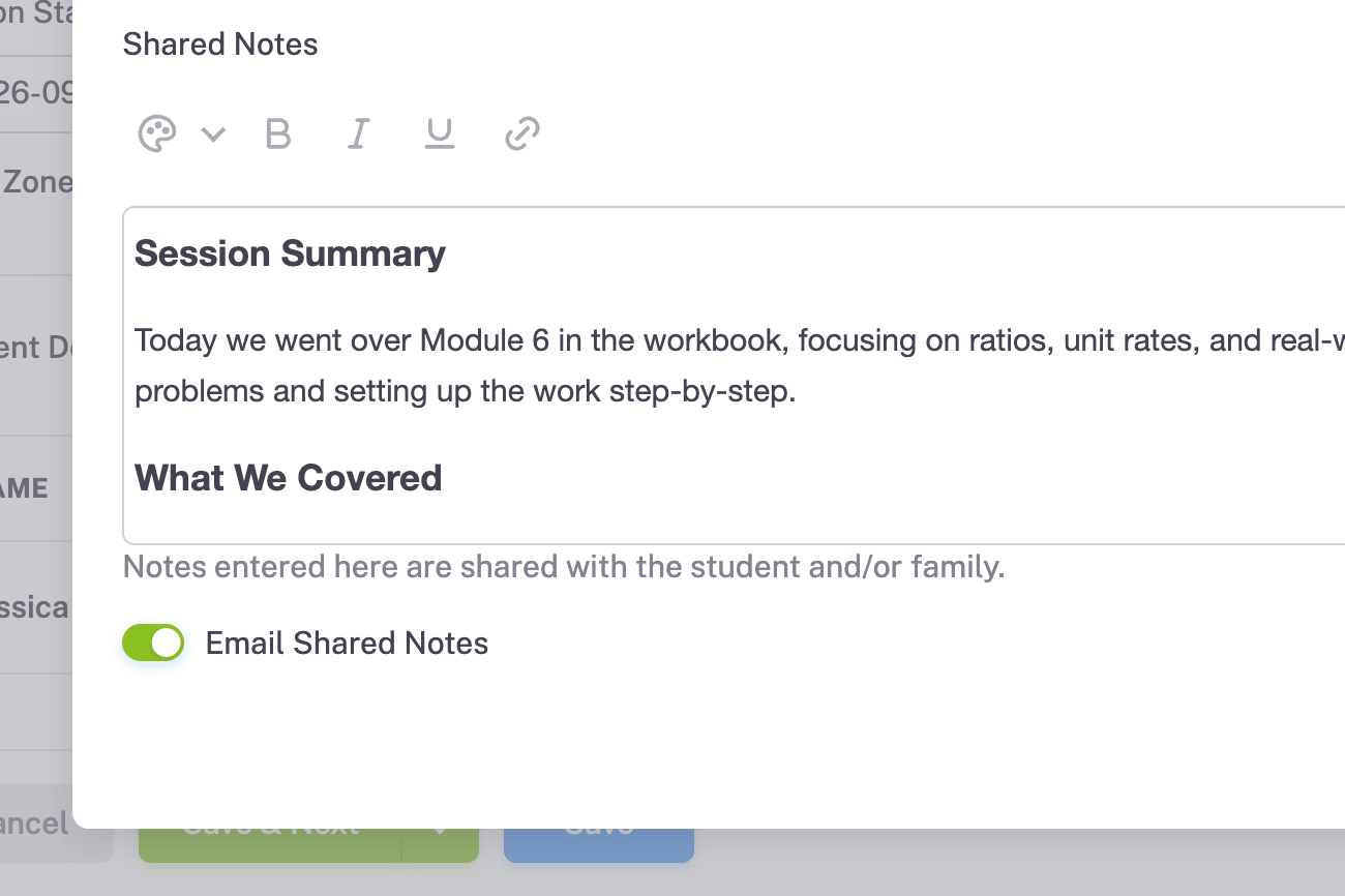 Example screenshot of Shared Notes to be sent to student via email containing more information about the lesson.