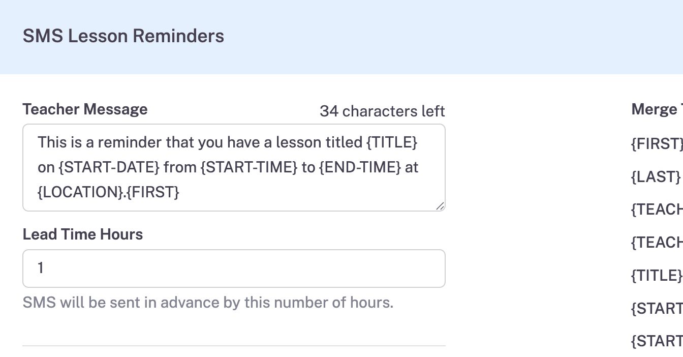 Example Screenshot of SMS Lesson Reminder Templates