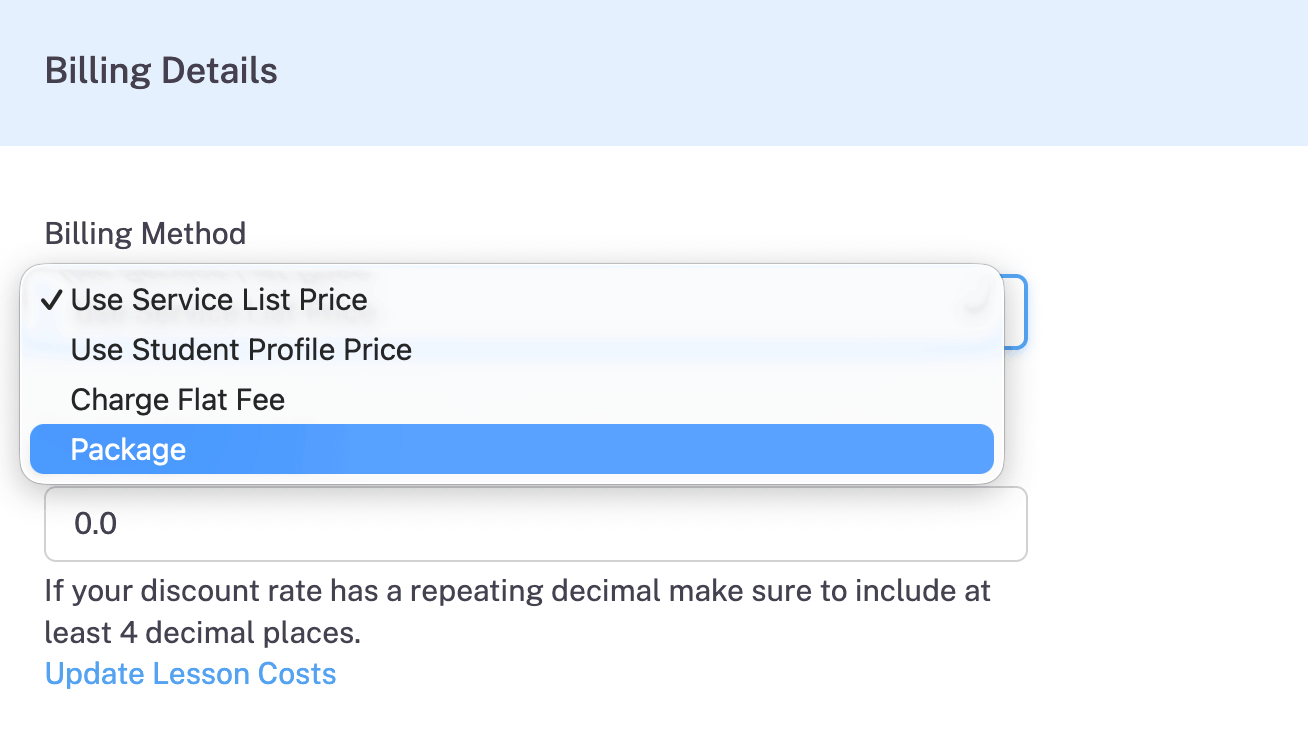 Example Screenshot of choosing Billing Method on Student Profile