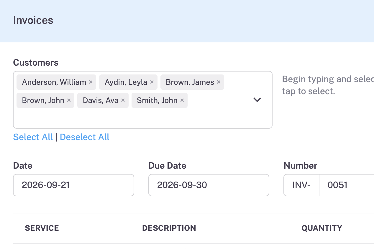 Generating invoices for multiple clients at once example screenshot