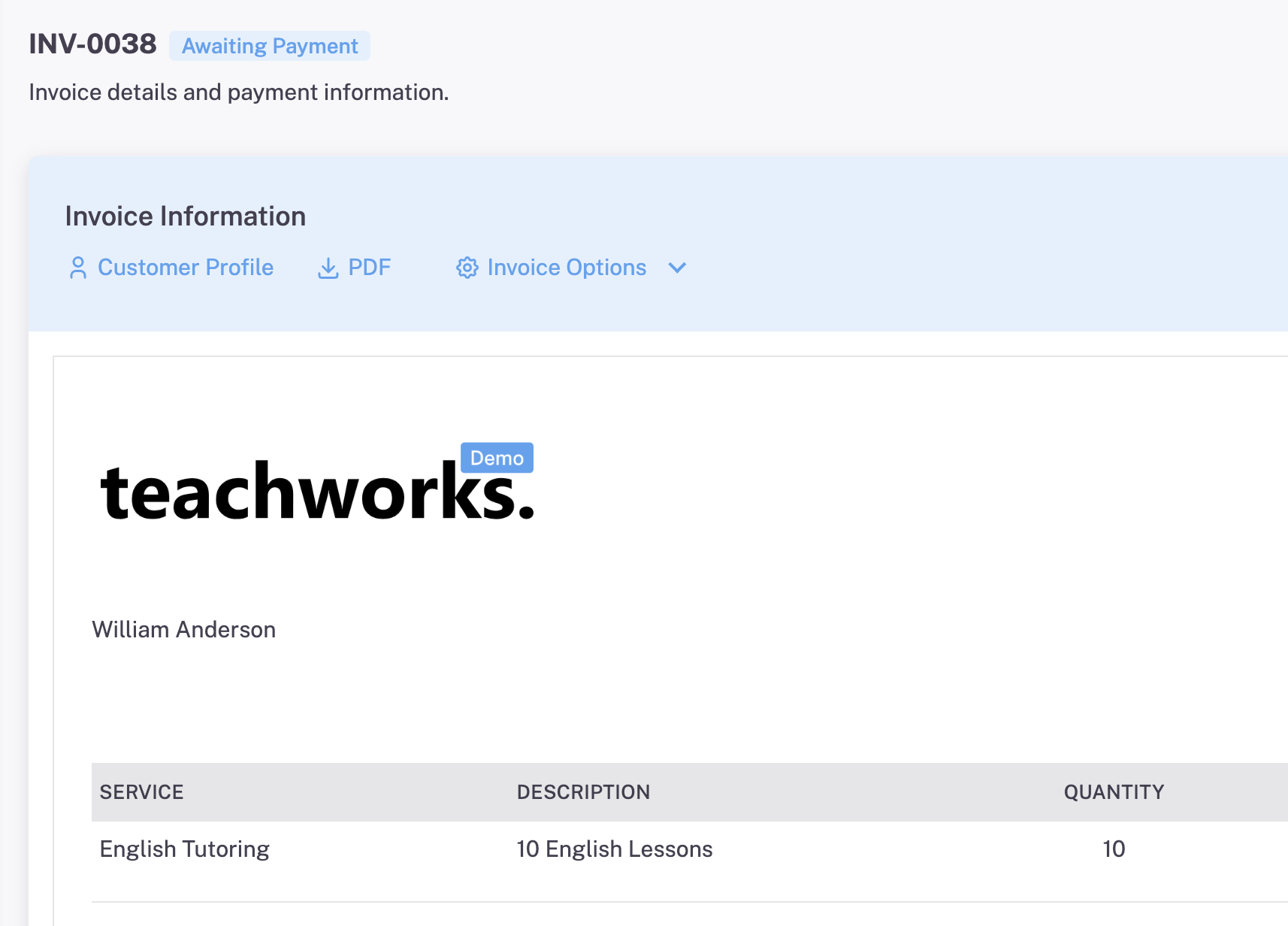 Example Screenshot of a customized invoice