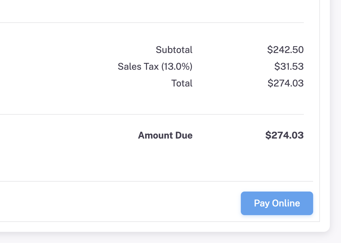 Example screenshot of pay online option to pay invoice by credit card