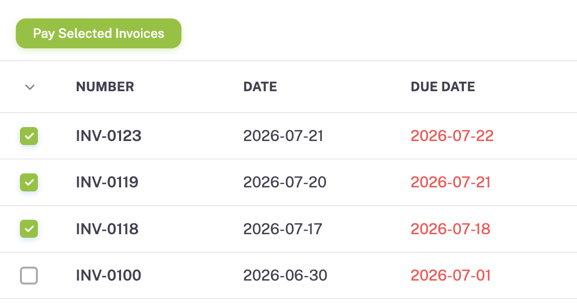 Example screenshot of selecting invoices in bulk to collect payment