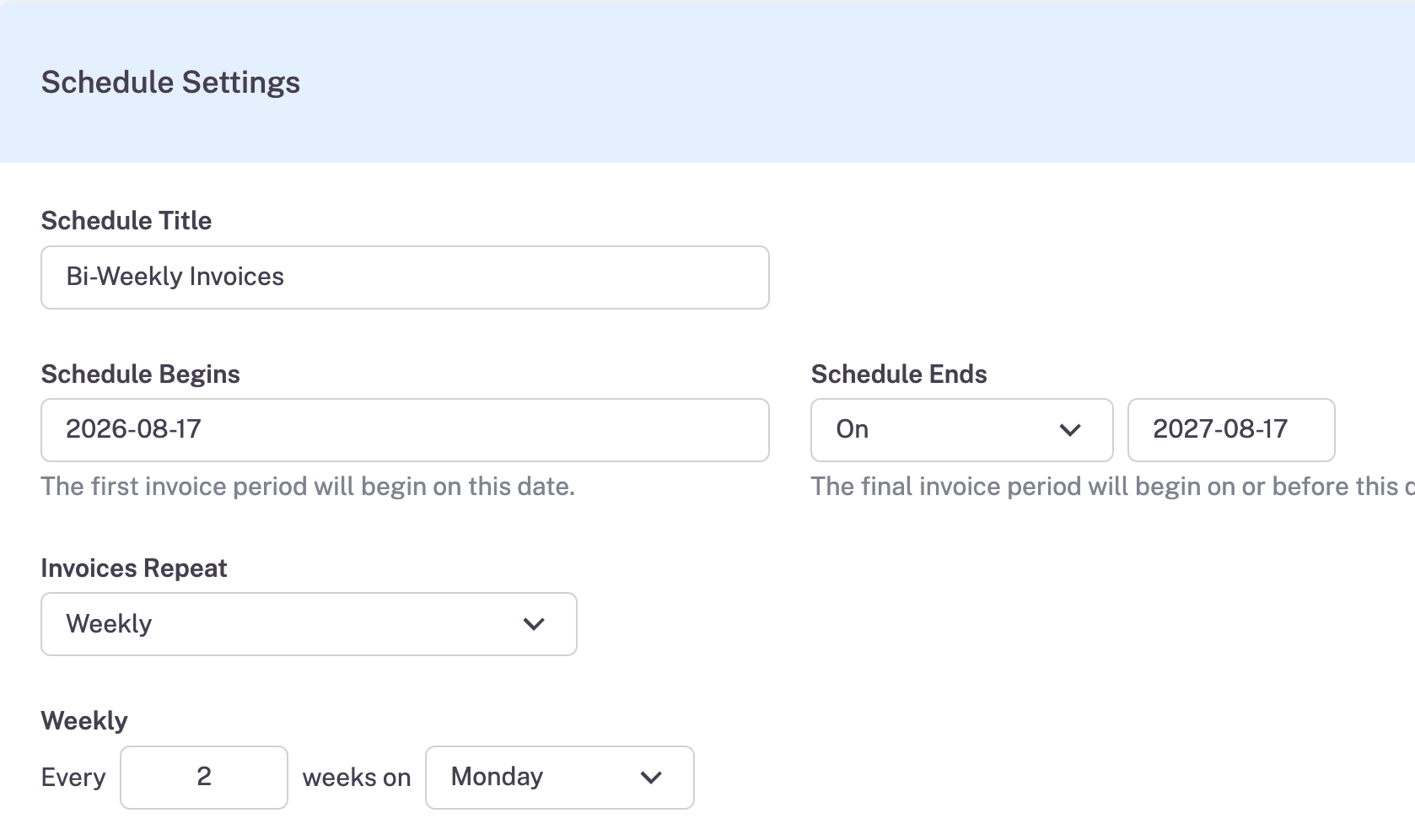 Example screenshot of setting up an invoice autopilot schedule