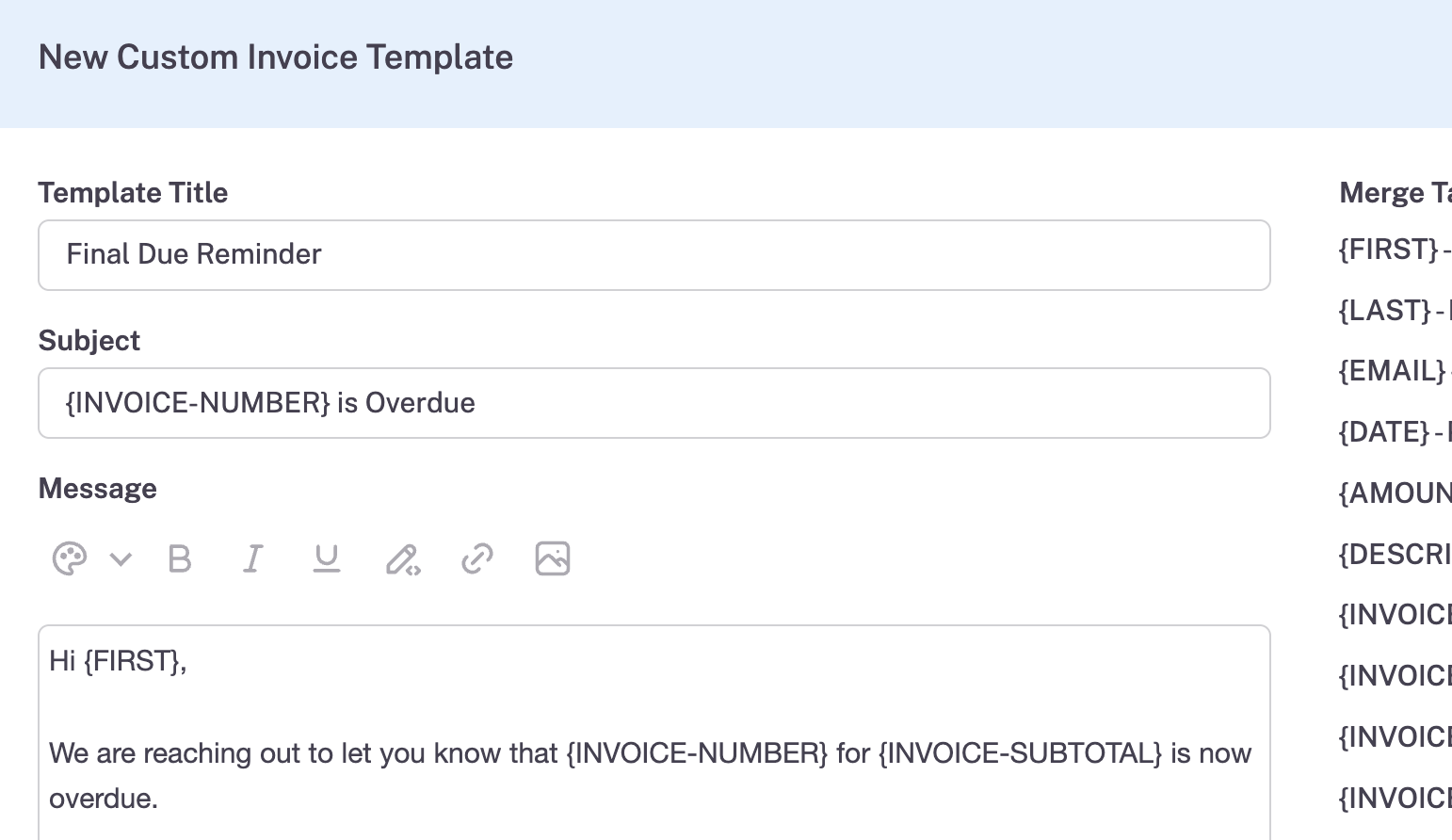 Example screenshot of setting up custom invoice templates