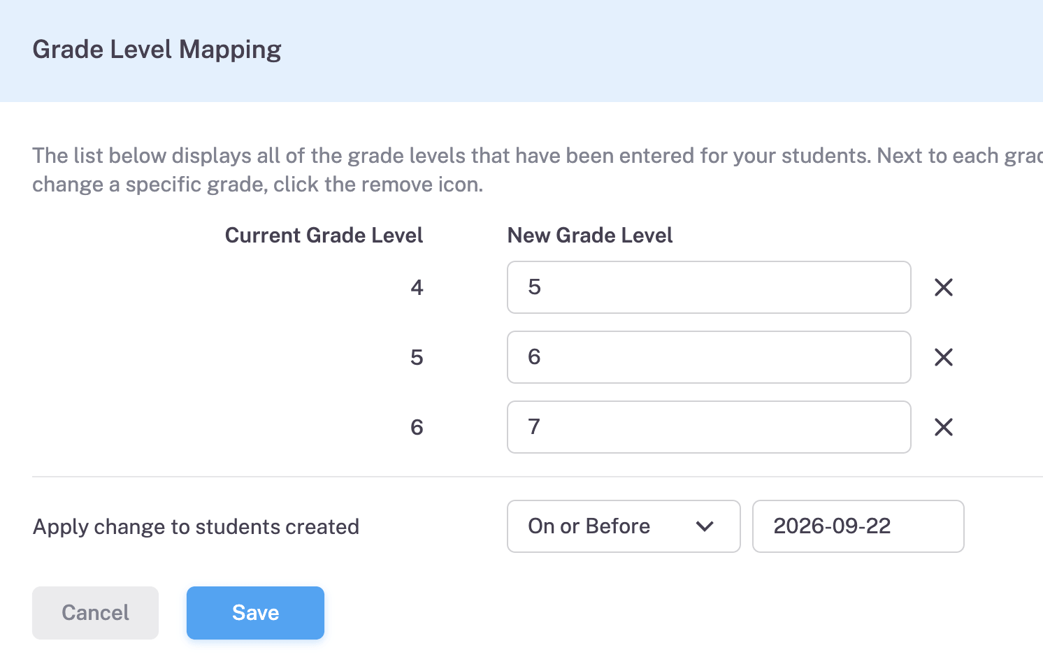 Example screenshot of incrementing grade levels in bulk