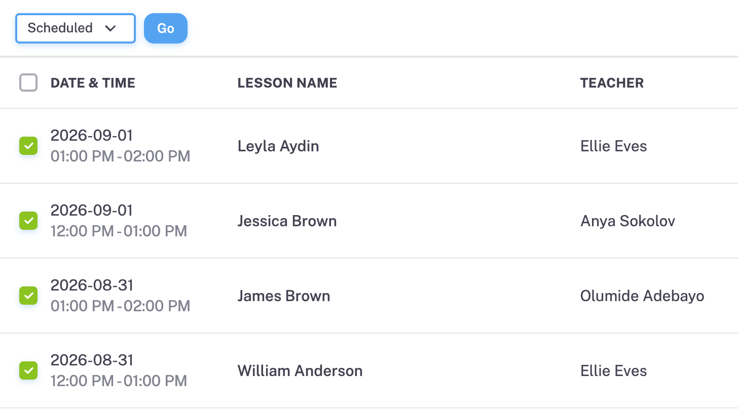 Lesson History table - checkboxes to update records in bulk