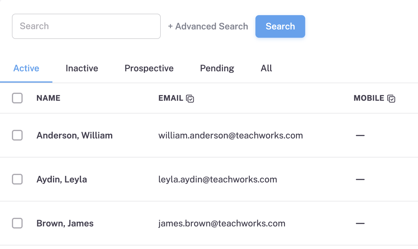Screenshot example of the student list