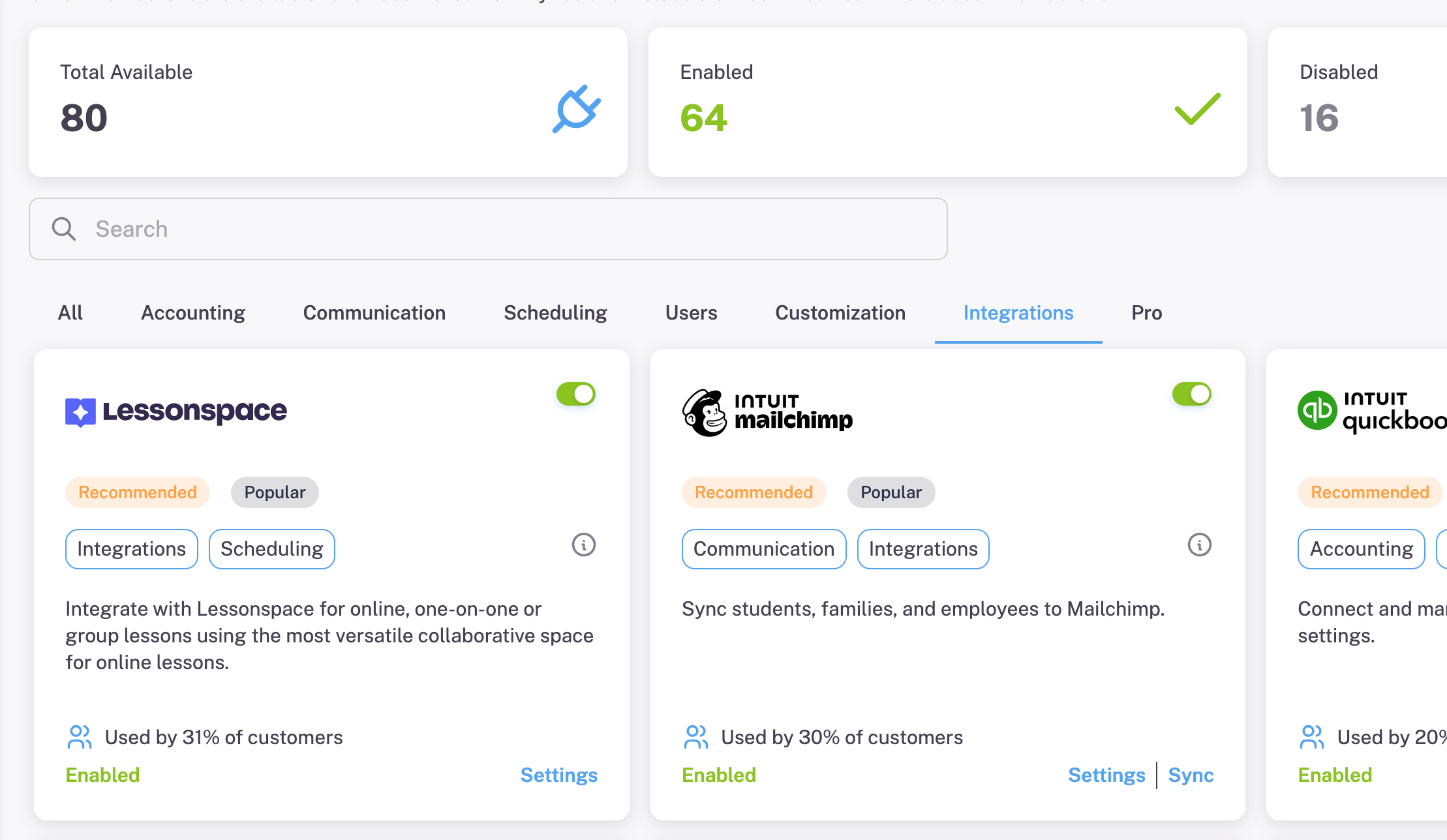 Screenshot of Add-ons and Integrations that can be enabled as needed