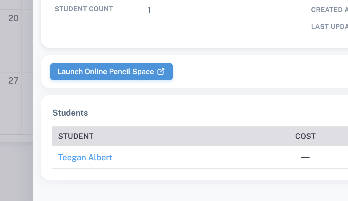 Pencil spaces screenshot - launch button in calendar