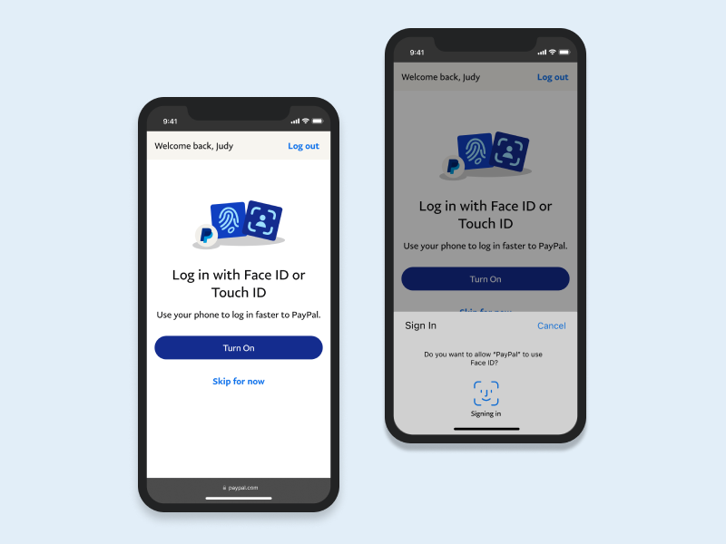 PayPal passwordless enrollment and device-authentication screens