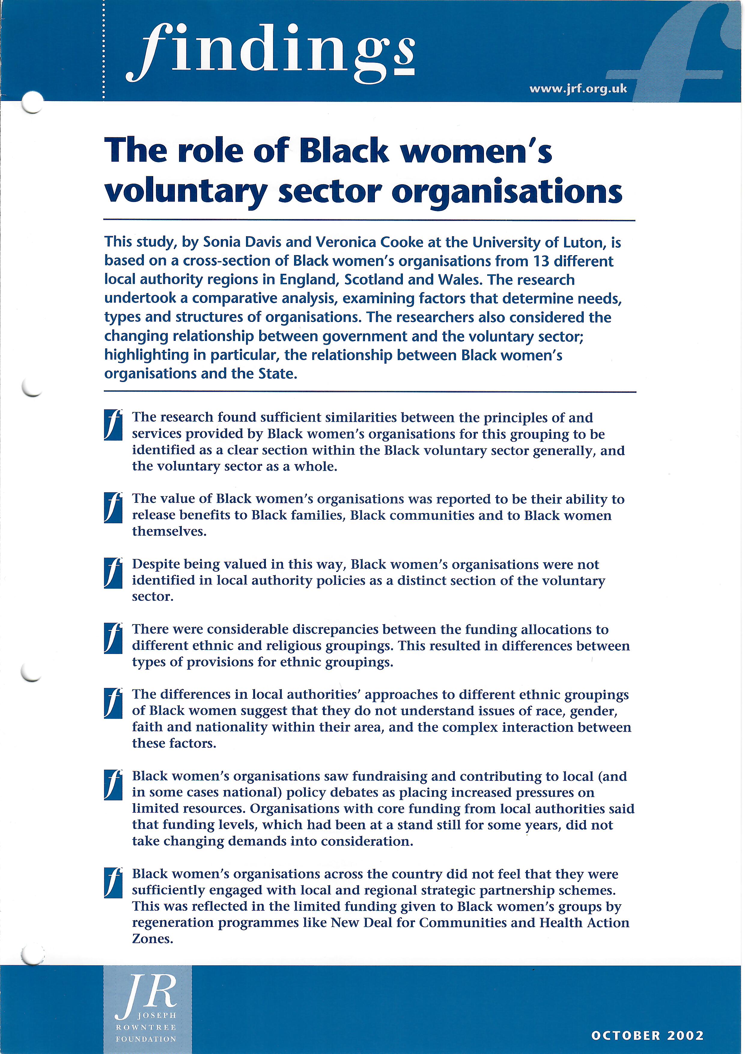 'The role of black women's voluntary sector organisations', detailing the commissioned research conducted by the Joseph Rowntree Foundation (Oct 2002)