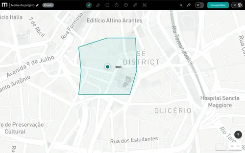Mapa da plataforma com um polígono azul destacando uma área central próxima à Rua Formosa e Rio Tamanduateí.