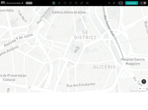 Mapa digital mostrando o centro histórico de São Paulo, com destaque para o distrito da Sé e ruas vizinhas.