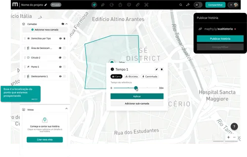 Interface de mapa digital mostrando uma área destacada com opções para ajustar o tempo de deslocamento por carro, bicicleta ou caminhada, e menus para adicionar camadas, criar vistas e publicar histórias.