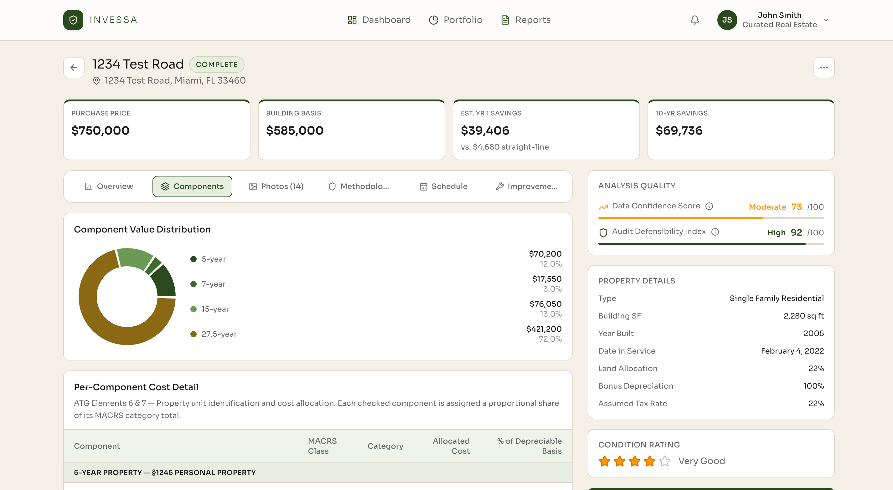 Invessa property analysis showing component value distribution across MACRS depreciation classes