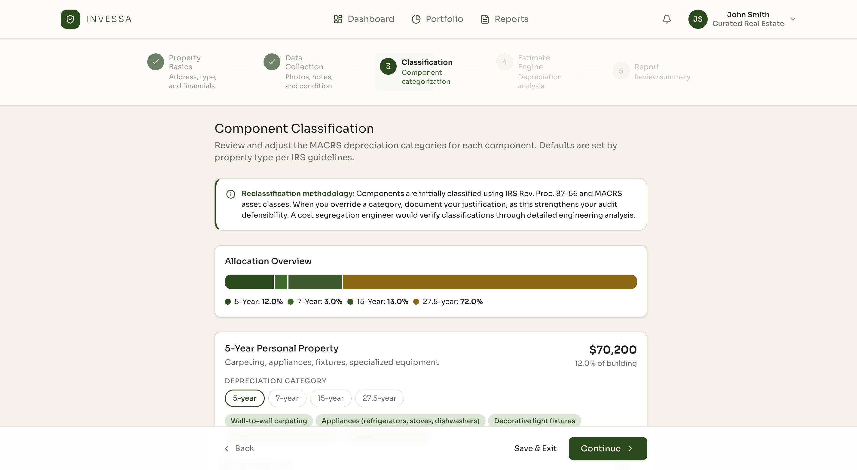 Component Classification step with allocation overview and MACRS category selection