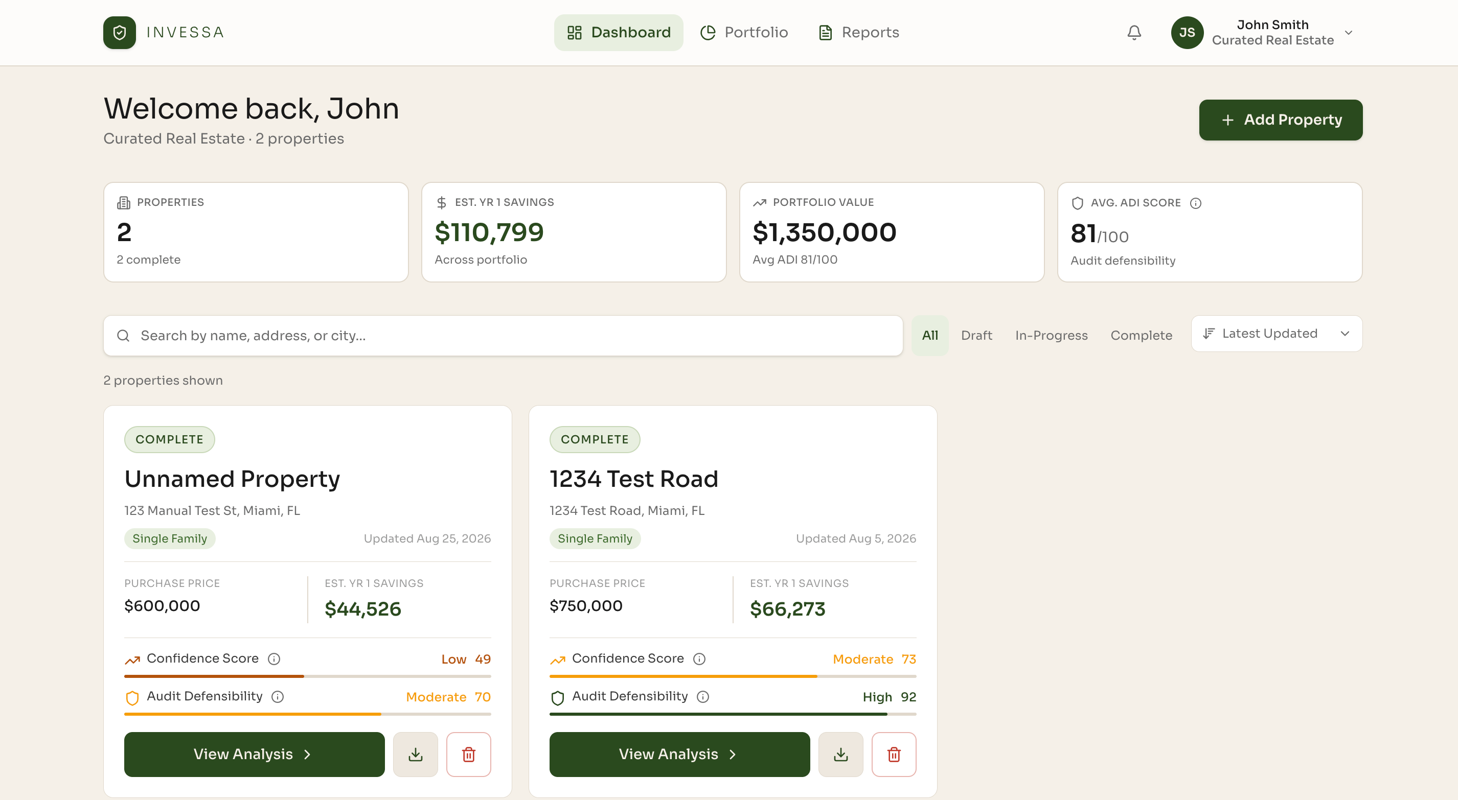 Invessa dashboard with portfolio savings, property cards, and analysis quality scores