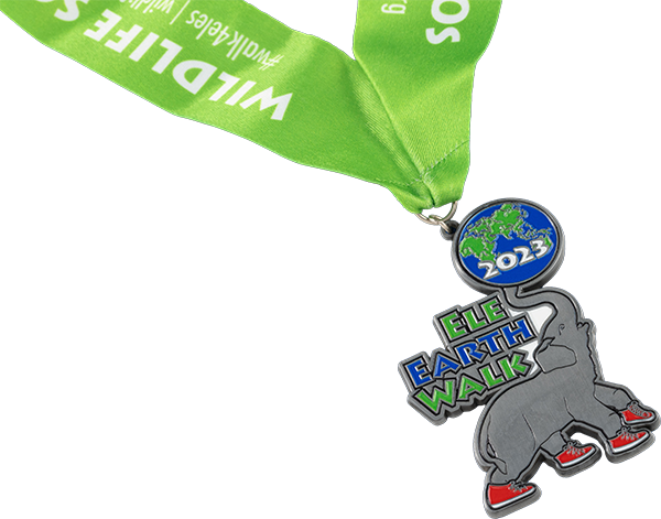 2023 Earth Walk medal with a gray elephant wearing red shoes and green lanyard reading WildLIFE Soc.