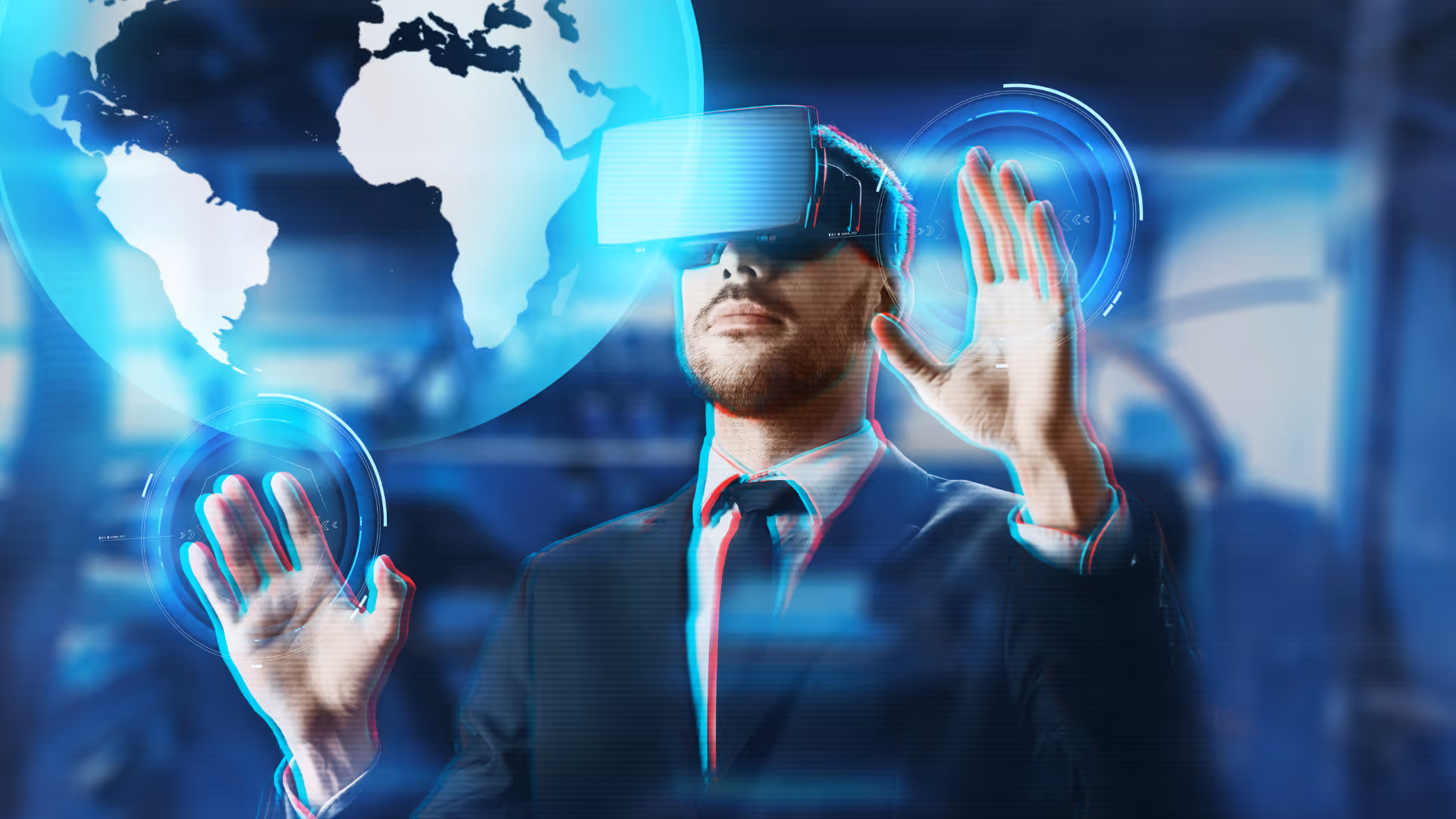 Executive in VR headset navigates virtual interface and global business opportunities effectively together.